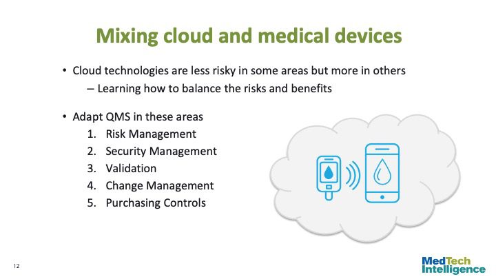 Mixing cloud and medical devices
Cloud technologies are less risky in some areas but more in others
– Learning how to balance the risks and benefits
Adapt QMS in these areas
Risk Management
Security Management
Validation
Change Management
Purchasing Controls