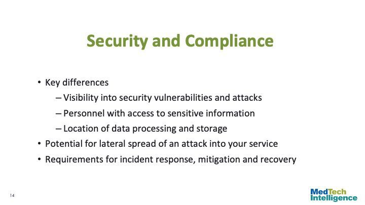 Key differences
Visibility into security vulnerabilities and attacks
Personnel with access to sensitive information
Location of data processing and storage
Potential for lateral spread of an attack into your service
Requirements for incident response, mitigation and recovery