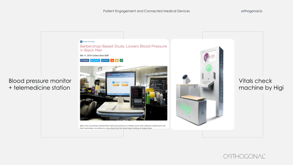 Two pictures of different medical devices applied to everyday patient living. On the left a picture of a Blood pressure monitor inside a barber shop, on the right the Vitals check machine developed by Higi.