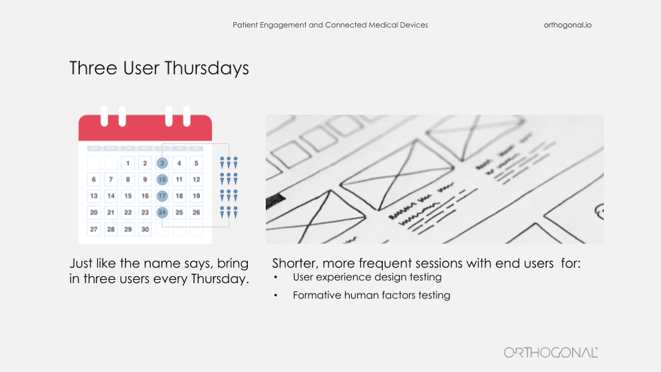 Three User Thursdays an image of a calendar marked every Thursday, a principle to bring three users every thursday to periodically test the user experience and the formative human factors.